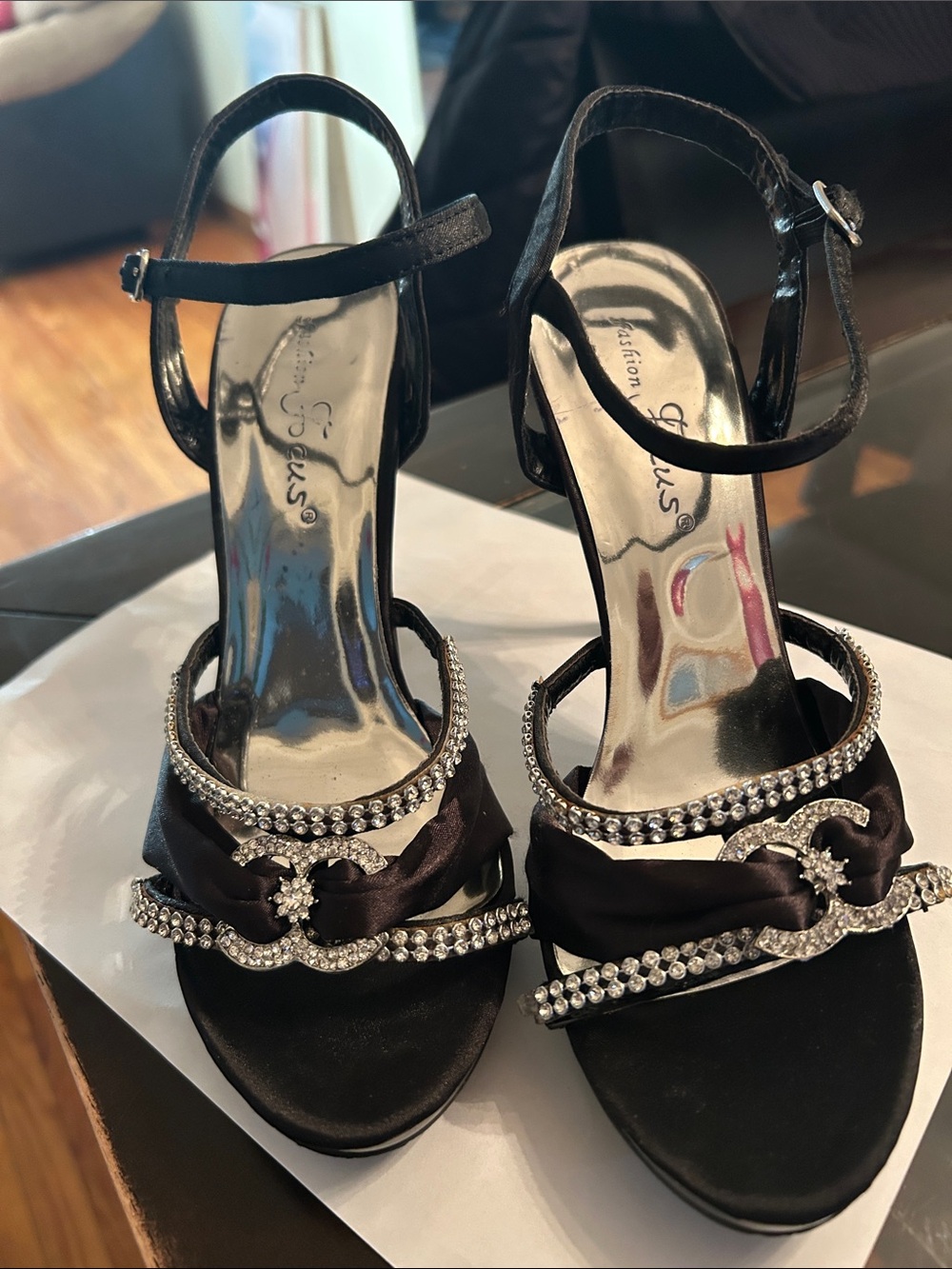 Women’s Black Satin Rhinestone Evening Sandals
